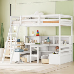Twin Loft Bed With Storage Shelves, Drawers, Seat And Desk For White Color