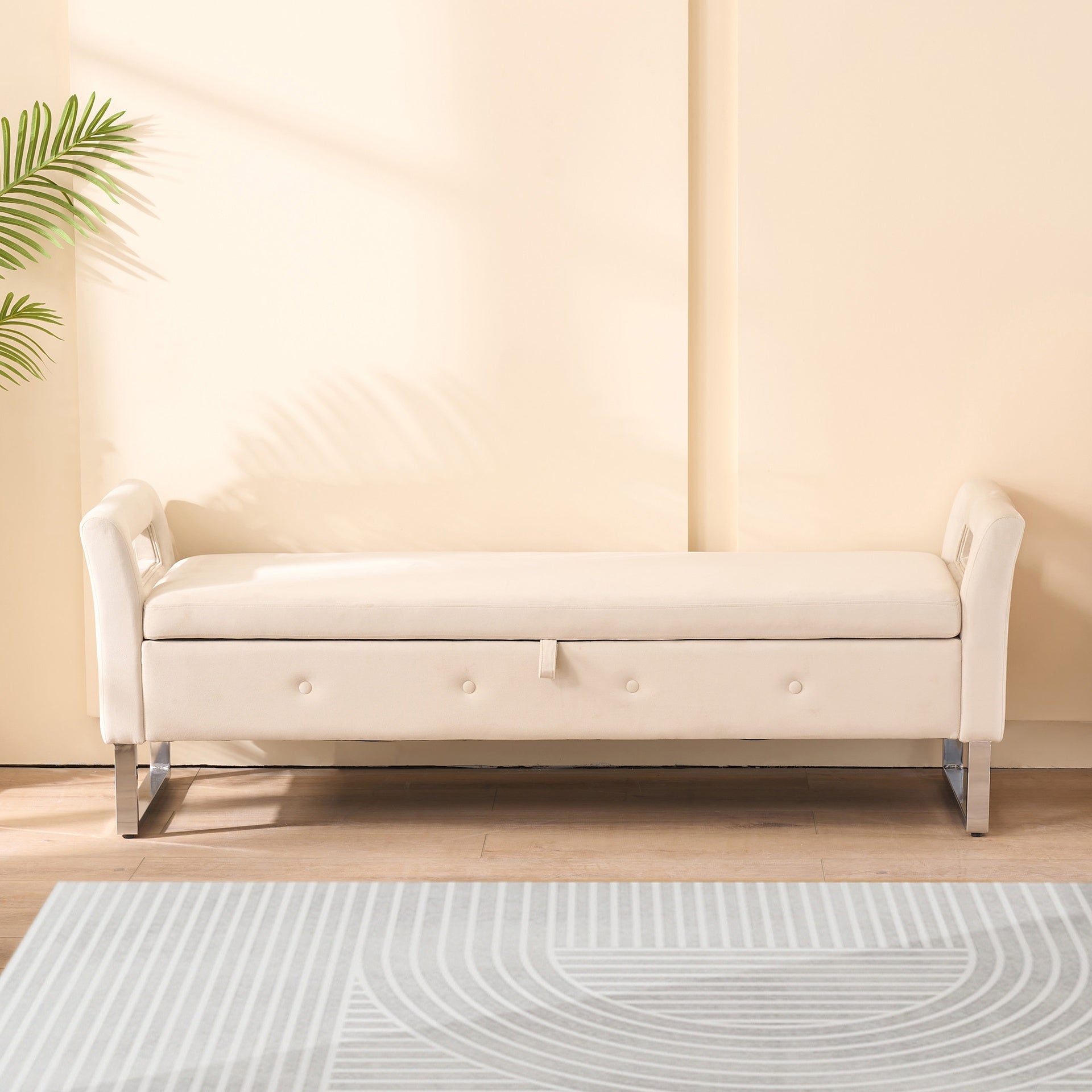 67.91"Wide Velvet Storage Soft Bench with Armrests  for Living Room, Entryway and Bedroom.  Beige