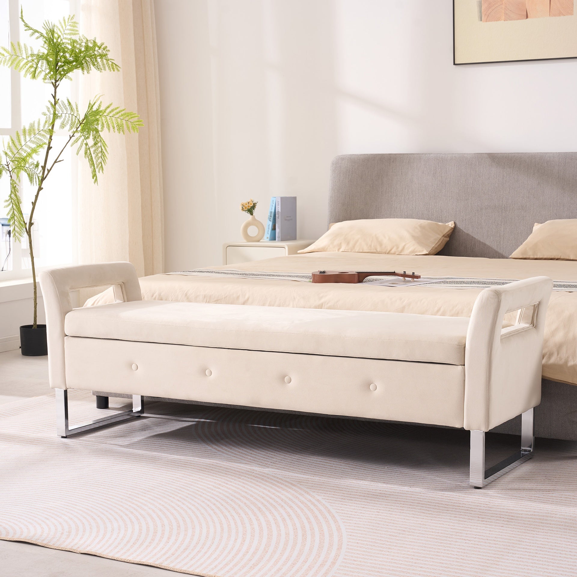 67.91"Wide Velvet Storage Soft Bench with Armrests  for Living Room, Entryway and Bedroom.  Beige