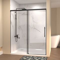 48" W × 72" H Single Sliding Shower Door,5mm fixed glass and 6mm sliding glass Frameless , Clear Tempered Glass, Stainless Steel handle,Matte Black
