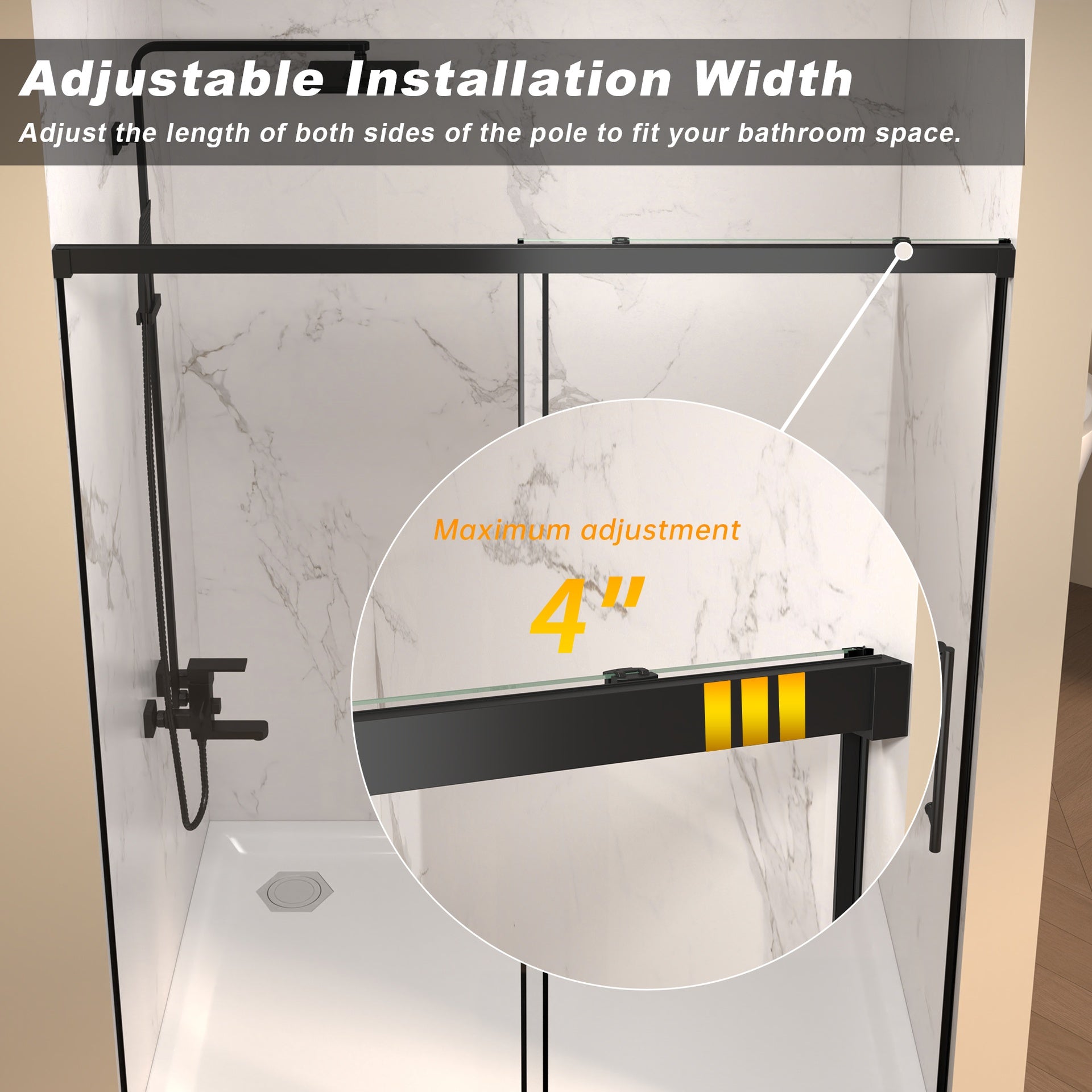 48" W × 72" H Single Sliding Shower Door,5mm fixed glass and 6mm sliding glass Frameless , Clear Tempered Glass, Stainless Steel handle,Matte Black