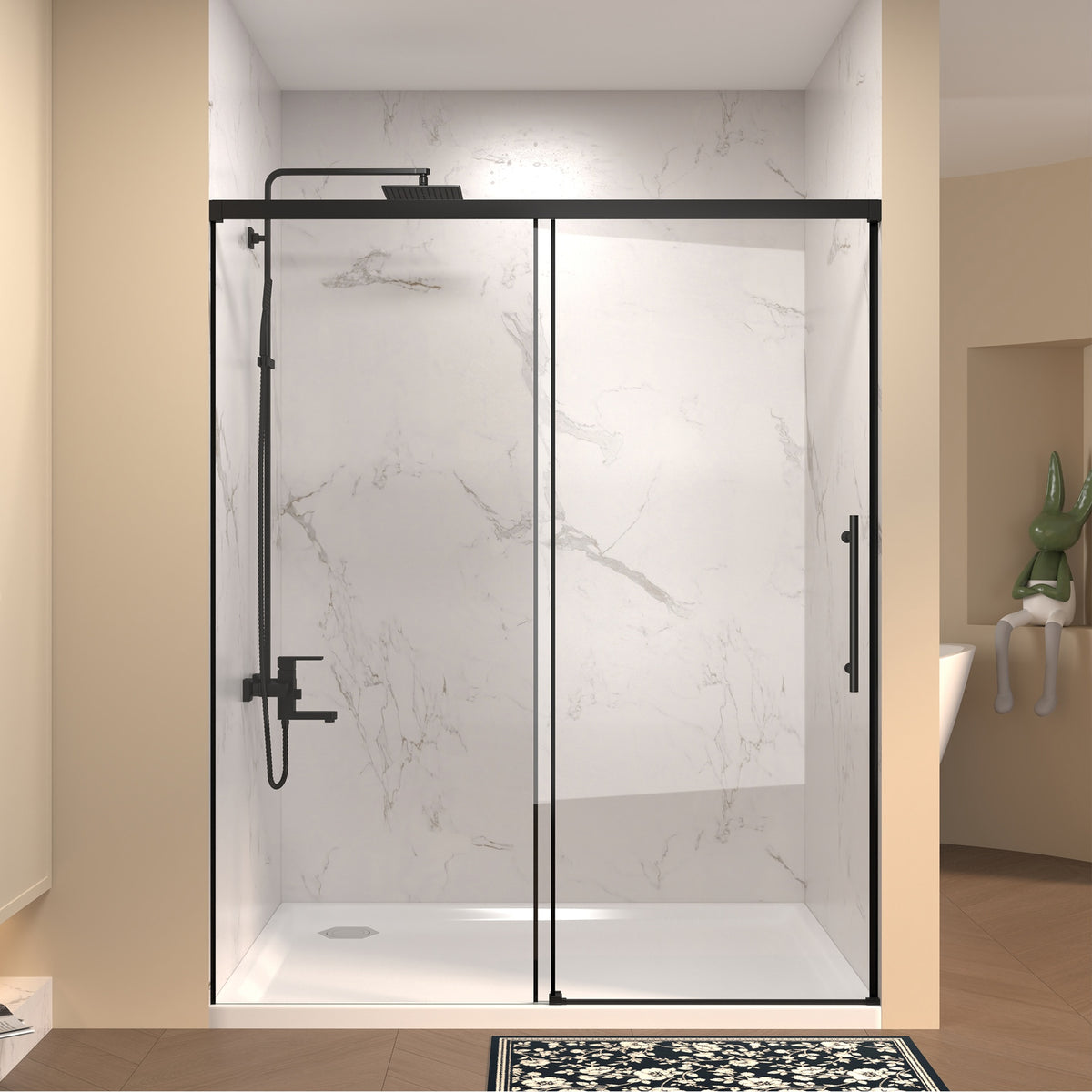 48" W × 72" H Single Sliding Shower Door,5mm fixed glass and 6mm sliding glass Frameless , Clear Tempered Glass, Stainless Steel handle,Matte Black