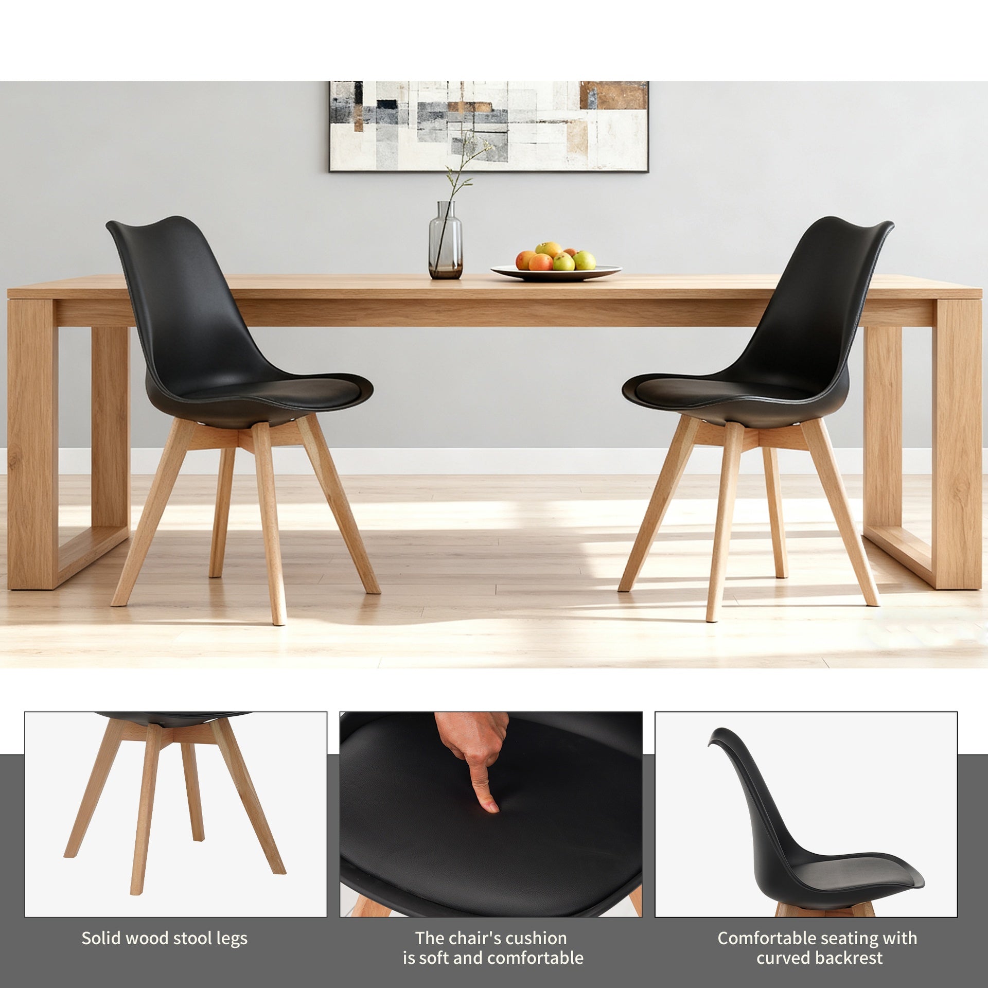 Set of four dining chairs, medieval modern style dining chairs for kitchen and dining room, with wooden legs, black