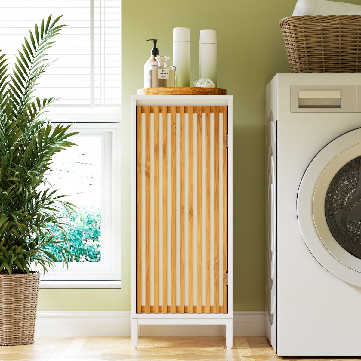 Living Room Side Cabinet with Bamboo Slats Door - Natural/White