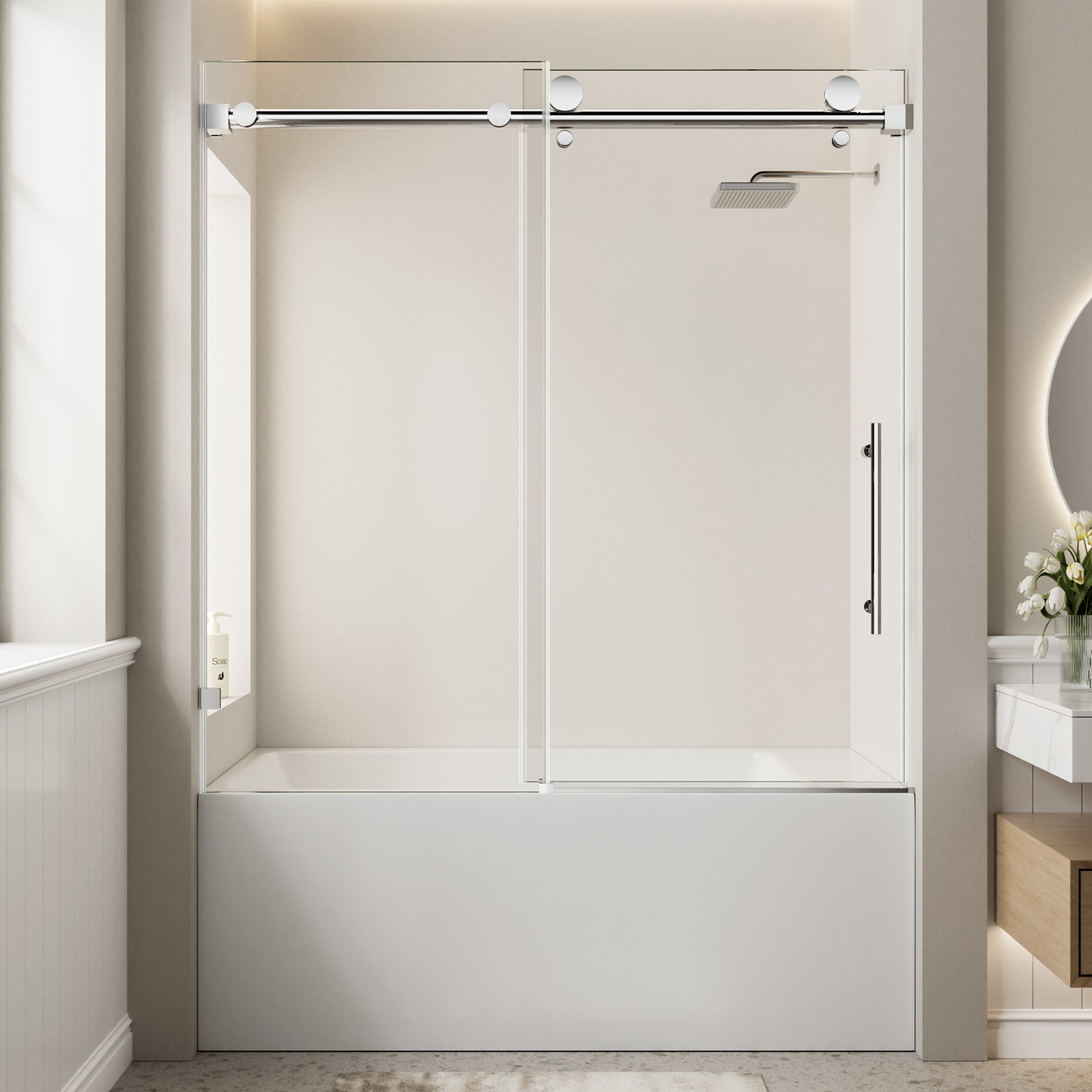 56"-60" W x 60" H Frameless Single Sliding Shower Door, Chrome Bathtub Door, 5/16" (8mm) Clear Tempered Glass With Explosion-proof Film, Stainless Steel Handle