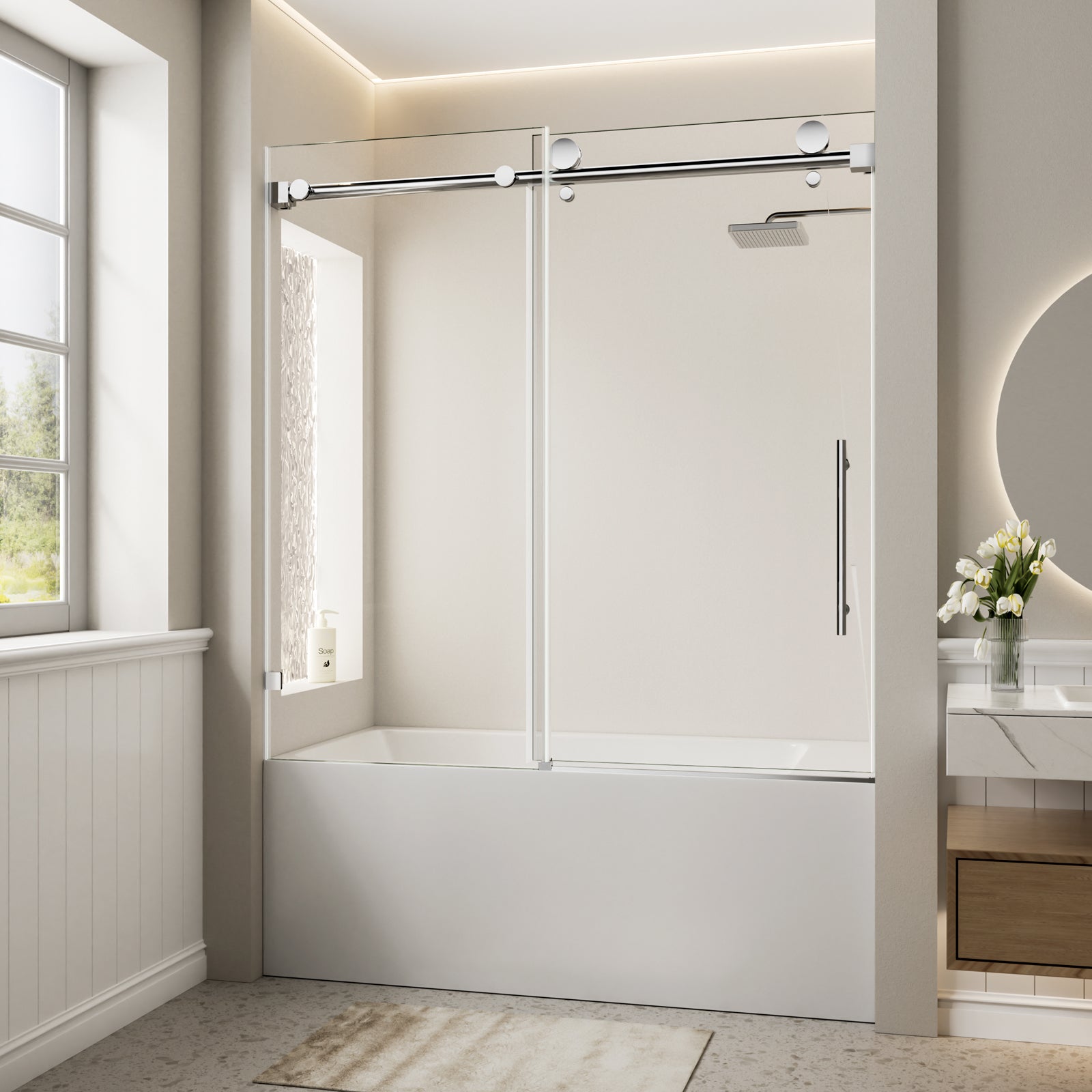 56"-60" W x 60" H Frameless Single Sliding Shower Door, Chrome Bathtub Door, 5/16" (8mm) Clear Tempered Glass With Explosion-proof Film, Stainless Steel Handle