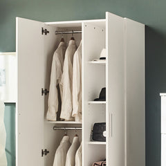 Viviane Contemporary Wood Closet with Hanging Bars and Five Shelves in White