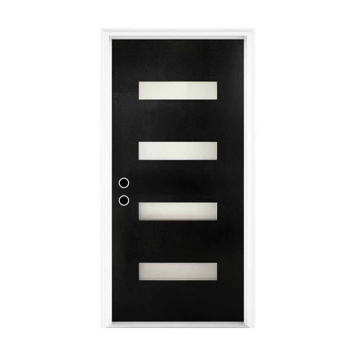 36 x 80 Fiberglass Entry Door with Brickmould, Frosted Glass - Contemporary Style for Home's Front Entrance, Right Hand Inswing, Black Finished Knock-Down Fiberglass Door with 6-9/16 White Vinyl Frame