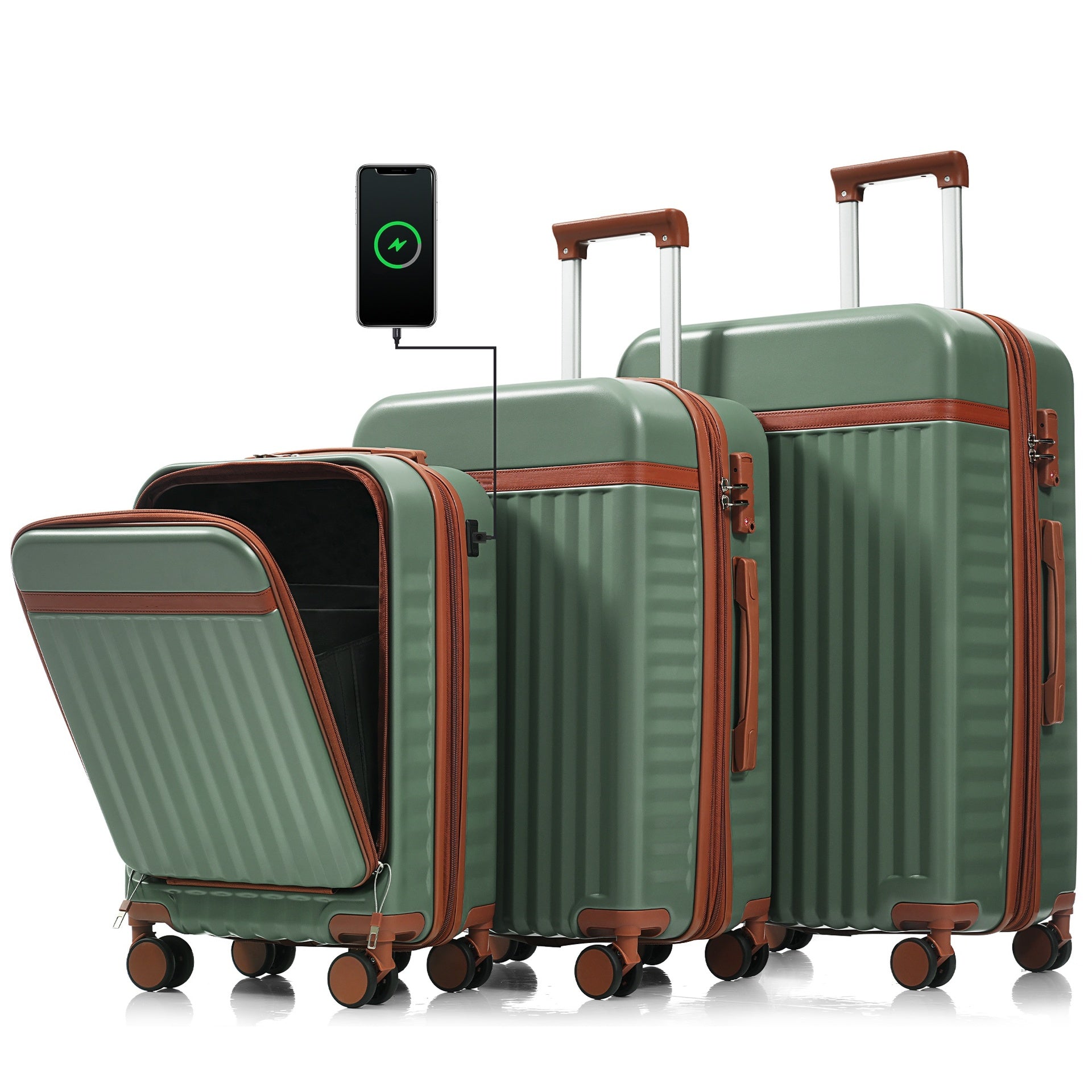 Luggage Set of 3, 20inch with USB Port, front opening design Airline Certified Carry on Luggage, ABS Hard Shell Luggage with Spinner Wheels,Green