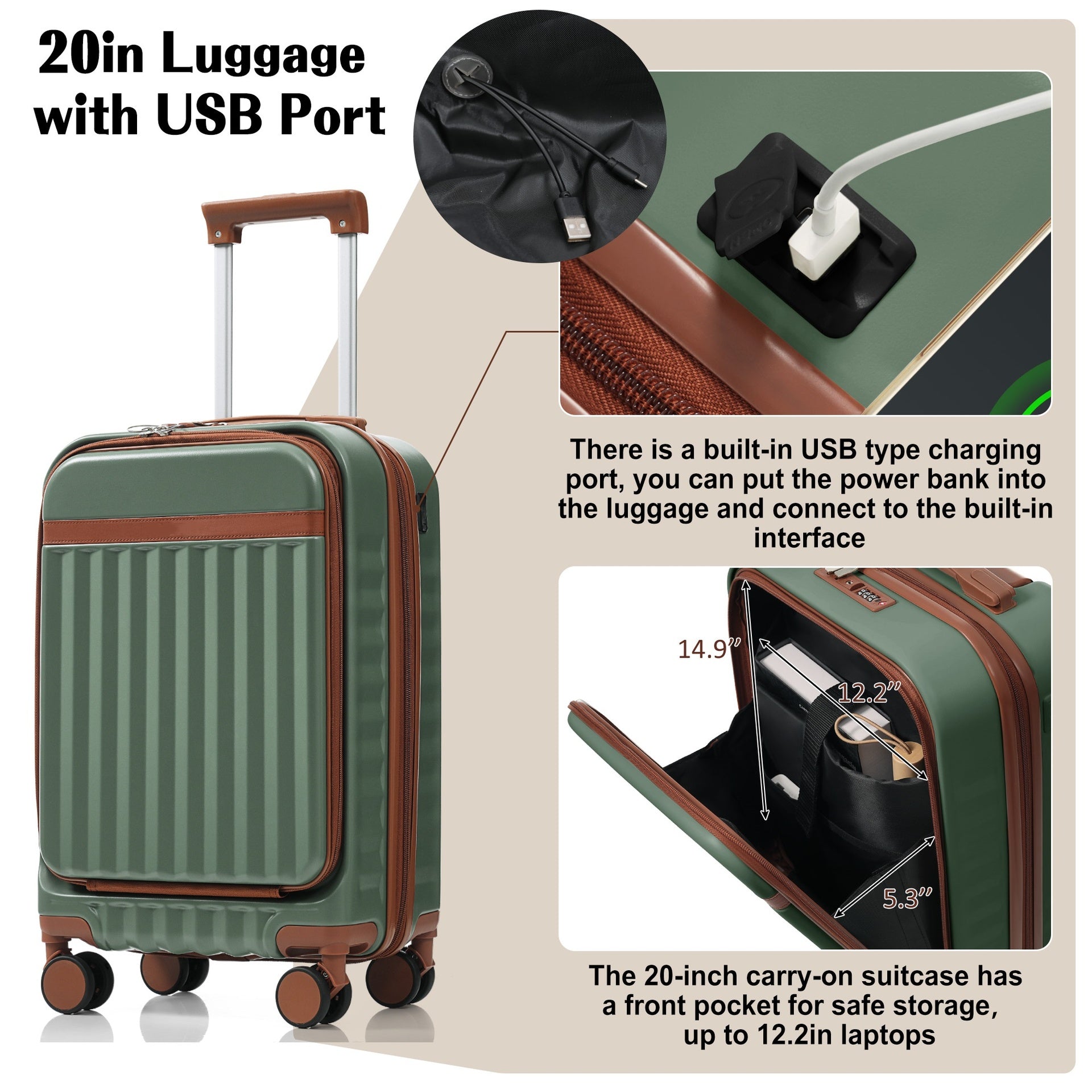 Luggage Set of 3, 20inch with USB Port, front opening design Airline Certified Carry on Luggage, ABS Hard Shell Luggage with Spinner Wheels,Green