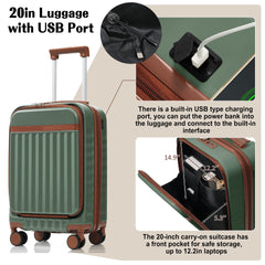 Luggage Set of 3, 20inch with USB Port, front opening design Airline Certified Carry on Luggage, ABS Hard Shell Luggage with Spinner Wheels,Green