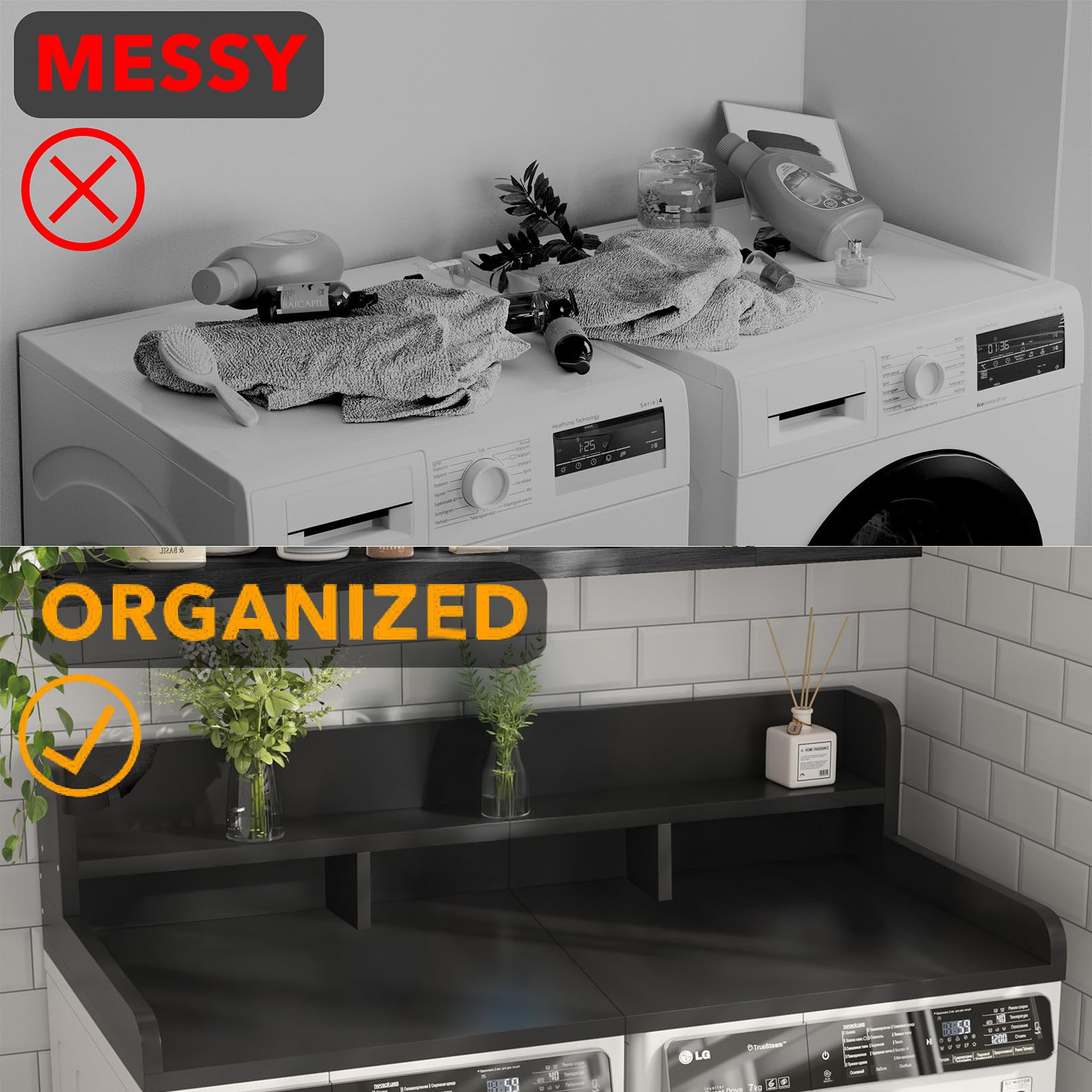 Washer Dryer Countertop with Non-slip Pads, Laundry Wood Shelf Topper with Edge, 54" Width x 27.5" Depth Double Layer Organizer for Washer and Dryer Laundry Hamper Counter Storage Organization (BLACK)