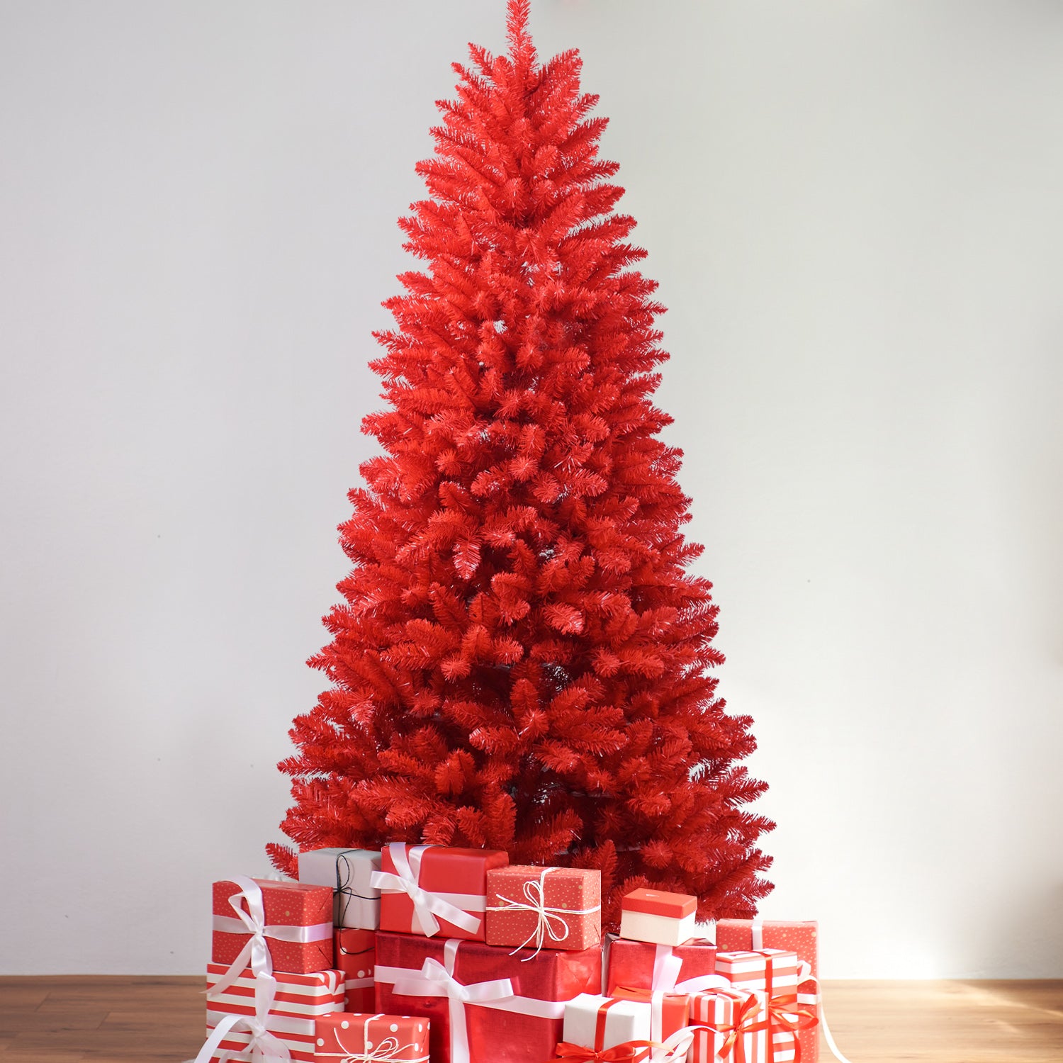 7FT Red Christmas Tree – Pure Red PVC Tree with 1066 Tips, Hinged Branches for Easy Setup, Stable Metal Stand, Bold Holiday Decoration