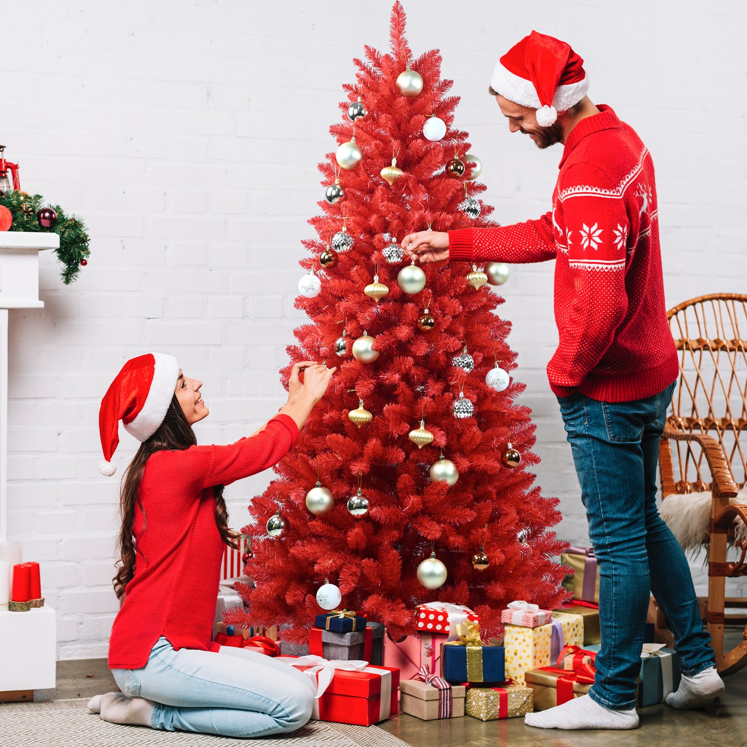 7FT Red Christmas Tree – Pure Red PVC Tree with 1066 Tips, Hinged Branches for Easy Setup, Stable Metal Stand, Bold Holiday Decoration