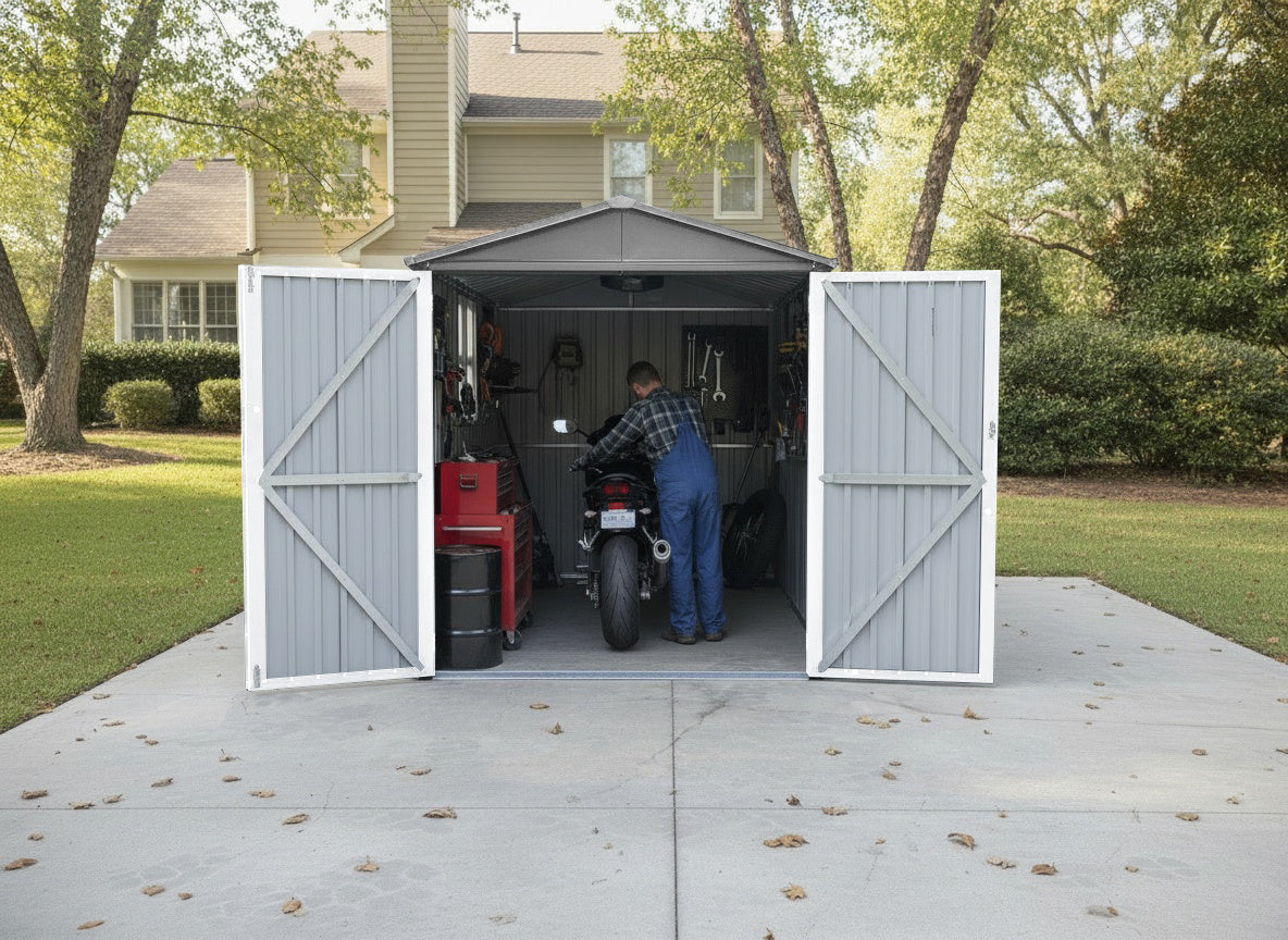 Motorcycle Outdoor Storage Shed With Window ,without tracks and fixtures ,Grey+White