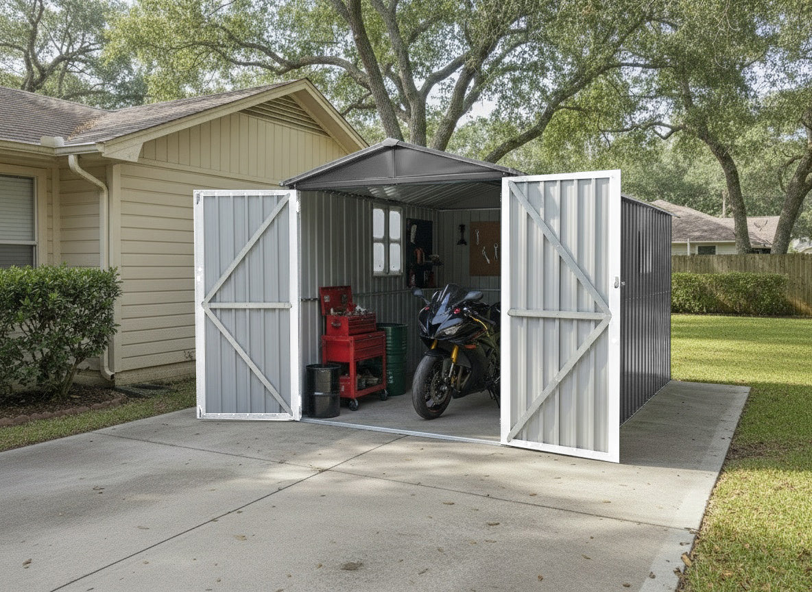 Motorcycle Outdoor Storage Shed With Window ,without tracks and fixtures ,Grey+White