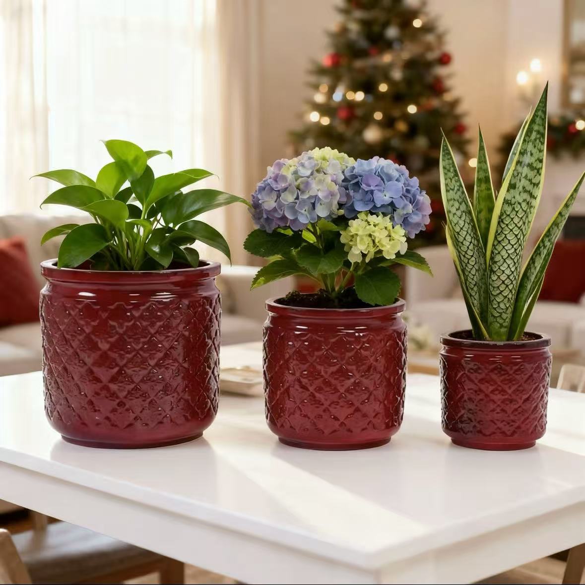 Handmade Ceramic Planter Set of 3, 15/12/9 Inch Diameter, Burgundy Diamond-Pattern, for Orchids & Indoor Plants, Windowsill & Bookshelf Use, Breathable Clay