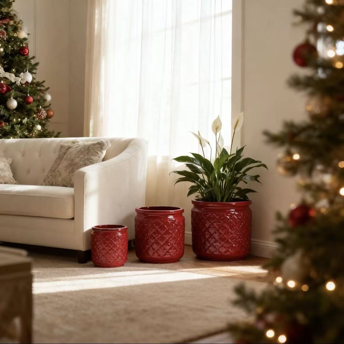 Handmade Ceramic Planter Set of 3, 15/12/9 Inch Diameter, Burgundy Diamond-Pattern, for Orchids & Indoor Plants, Windowsill & Bookshelf Use, Breathable Clay