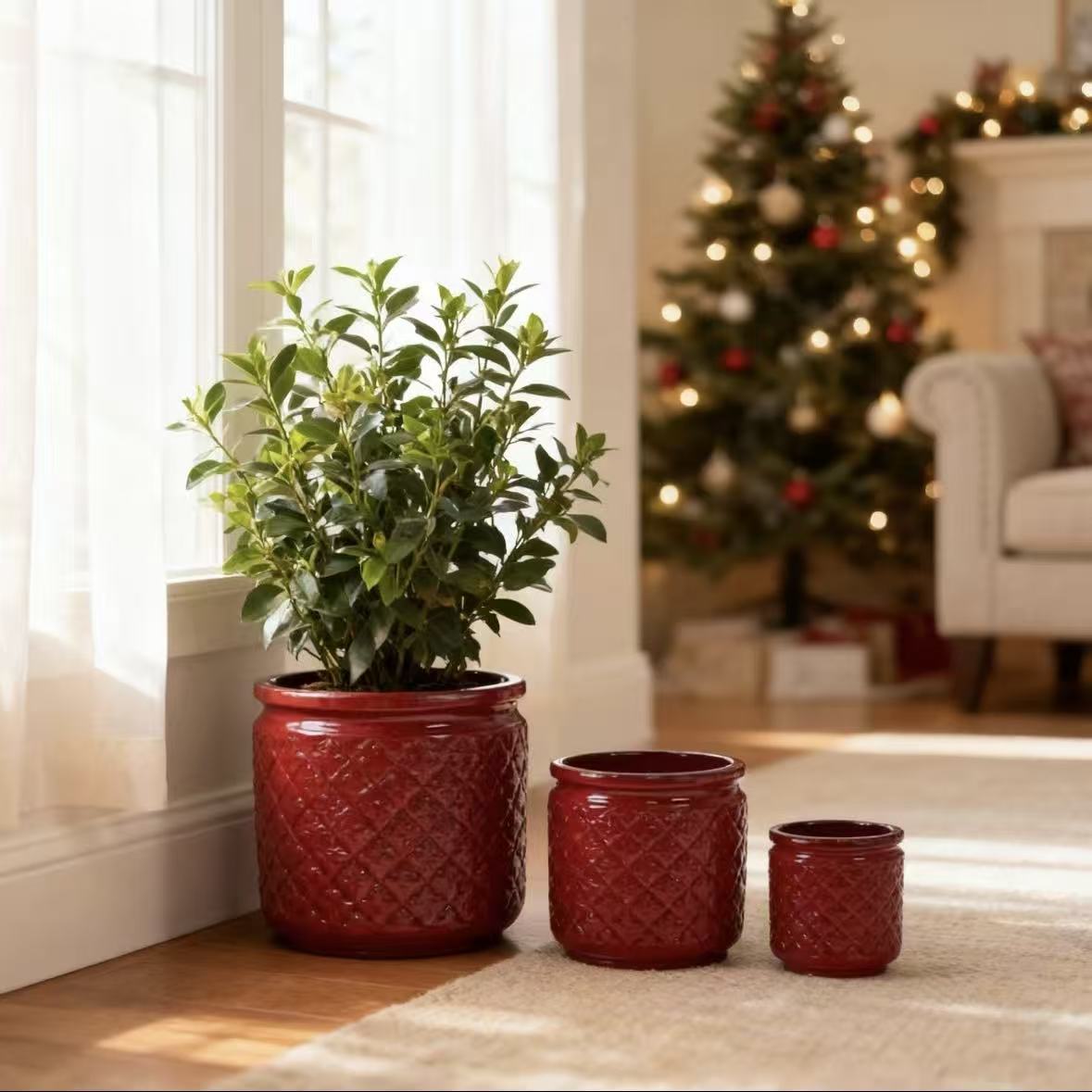 Handmade Ceramic Planter Set of 3, 15/12/9 Inch Diameter, Burgundy Diamond-Pattern, for Orchids & Indoor Plants, Windowsill & Bookshelf Use, Breathable Clay