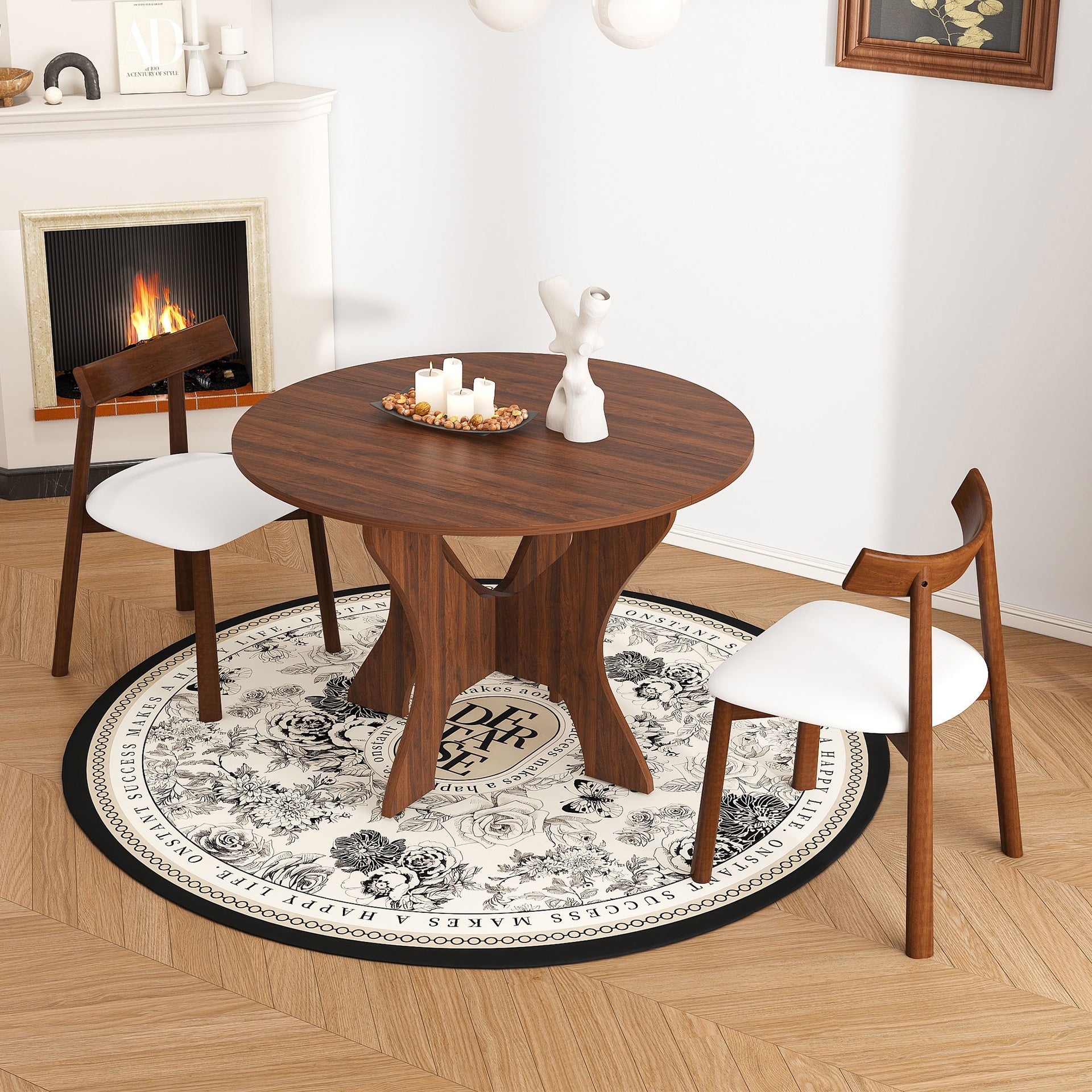 43 in Folding Dining Table Set with 2 Chairs, MDF Table with Walnut Veneer & Solid Wood PU Chairs, Space Saving Foldable Kitchen Set for Indoor and Outdoor Use