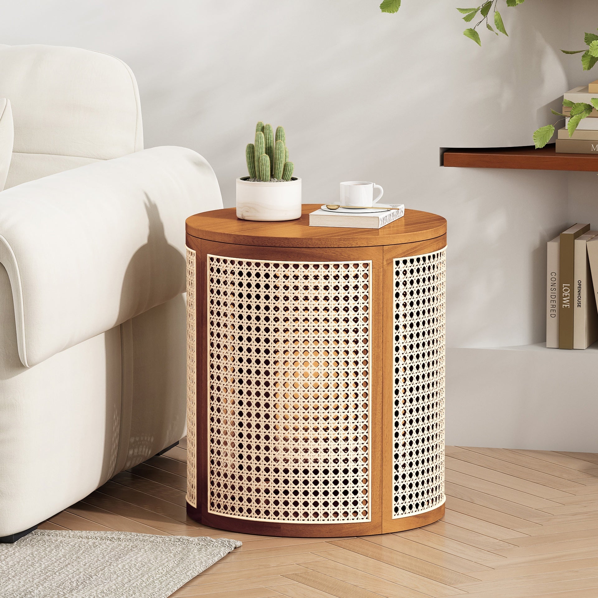 15.70" Round End Table, Hollow Woven Side Table, Small Rubber Wood Nightstand, Rattan Woven Tea Desk, Round Wood Tabletop, Chic Home Decor Desk, Easy Assembly, Ochre Color