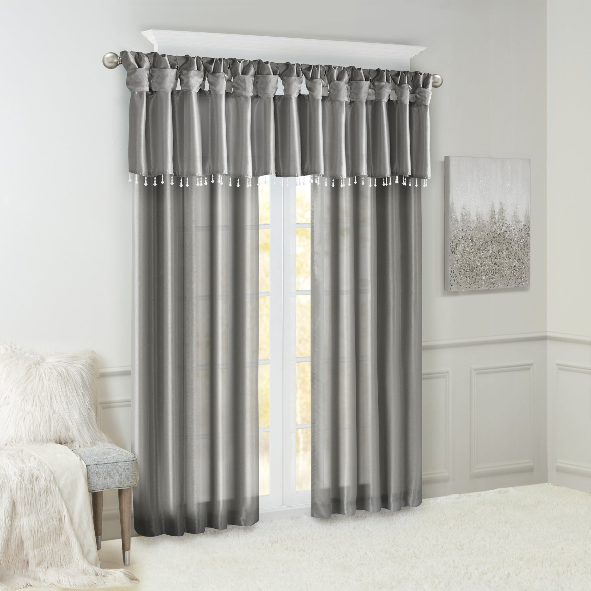 Lightweight Faux Silk Valance With Beads Charcoal 50x26"