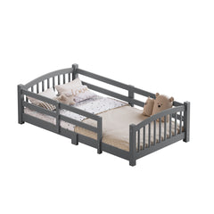 Twin Montessori Floor Bed with Slats and Safety Guardrails, Solid Wood Floor Bed with Fence and Without Door, Easy Assemble Montessori Bed for Girls and Boys, Gray