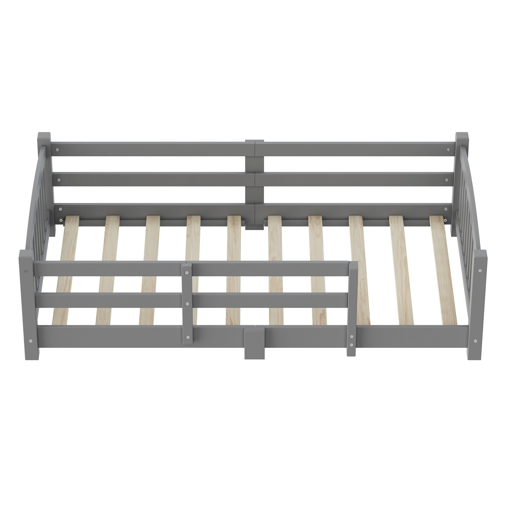 Twin Montessori Floor Bed with Slats and Safety Guardrails, Solid Wood Floor Bed with Fence and Without Door, Easy Assemble Montessori Bed for Girls and Boys, Gray