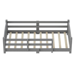 Twin Montessori Floor Bed with Slats and Safety Guardrails, Solid Wood Floor Bed with Fence and Without Door, Easy Assemble Montessori Bed for Girls and Boys, Gray