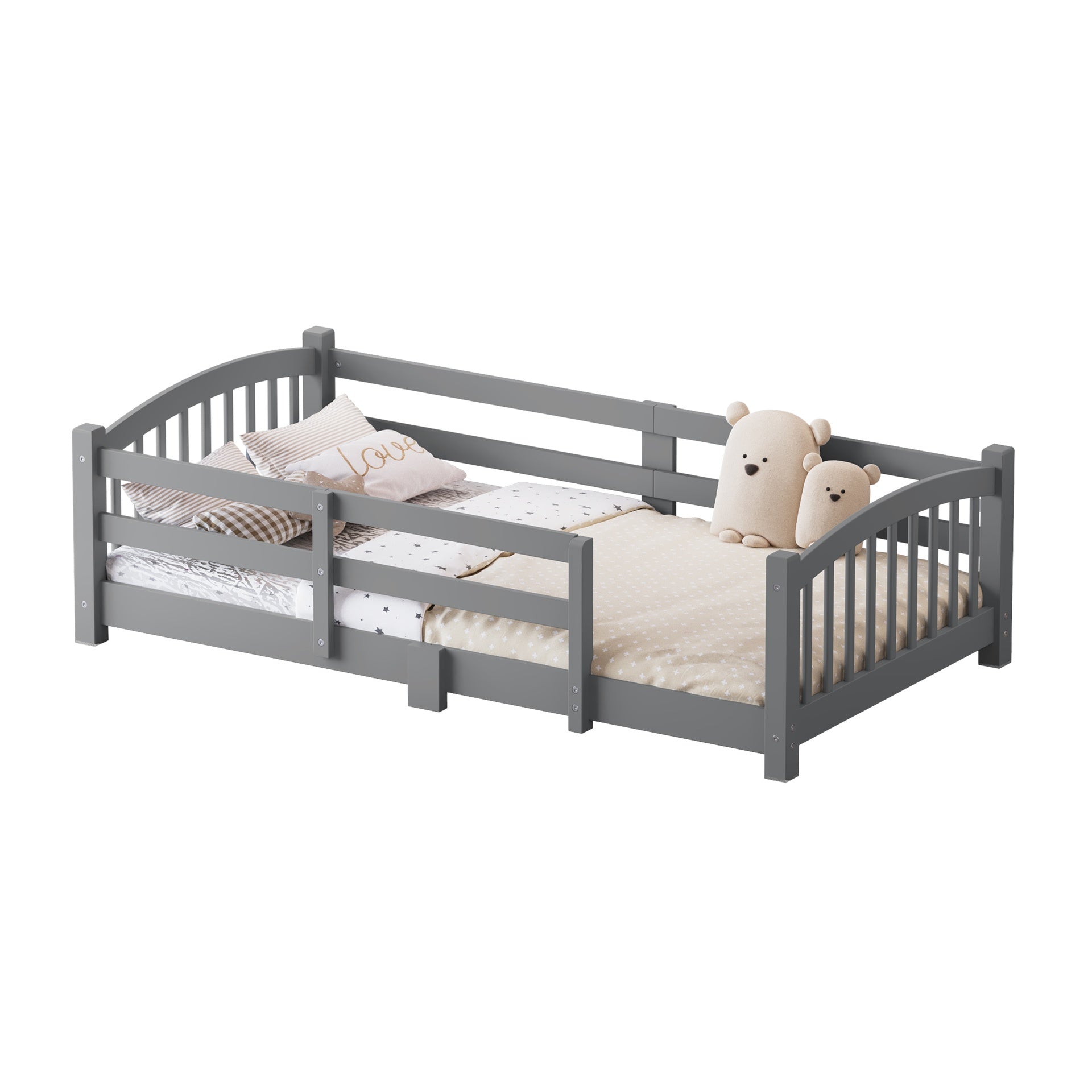 Twin Montessori Floor Bed with Slats and Safety Guardrails, Solid Wood Floor Bed with Fence and Without Door, Easy Assemble Montessori Bed for Girls and Boys, Gray