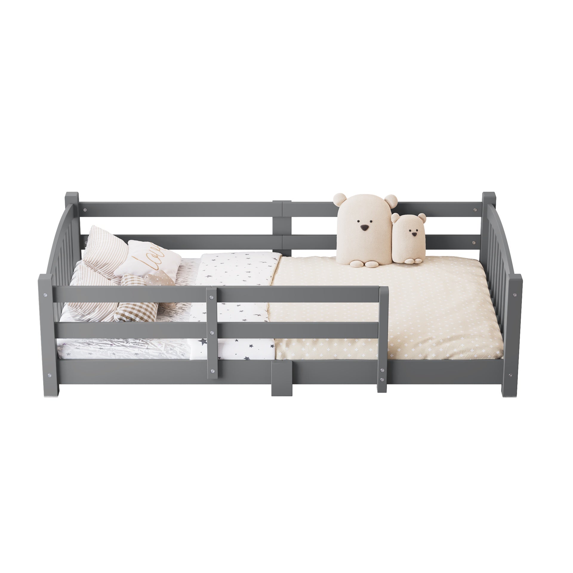 Twin Montessori Floor Bed with Slats and Safety Guardrails, Solid Wood Floor Bed with Fence and Without Door, Easy Assemble Montessori Bed for Girls and Boys, Gray