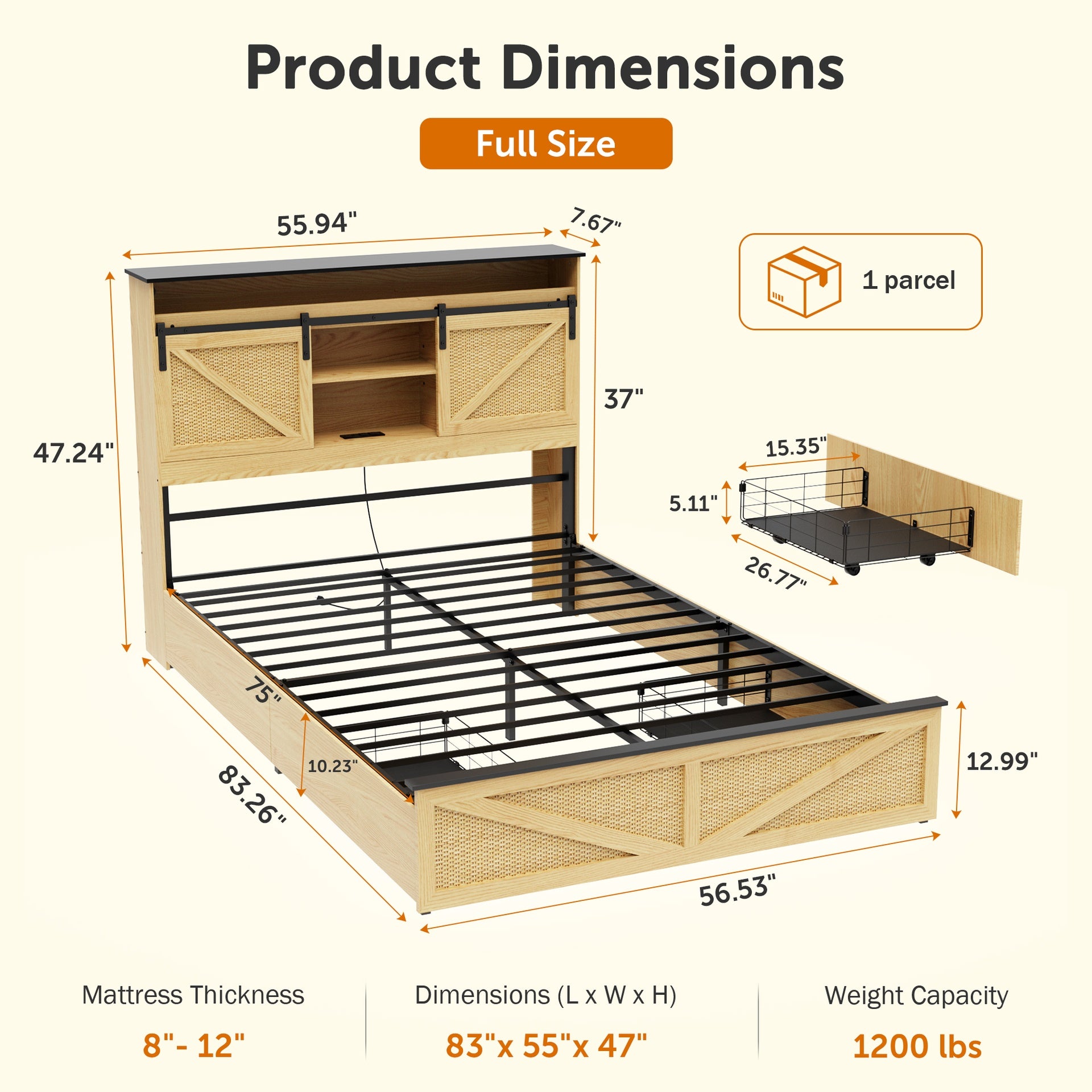 Farmhouse Full Size Bed Frame with Storage Headboard and Drawers,Charging Station & LED Lights,Natural