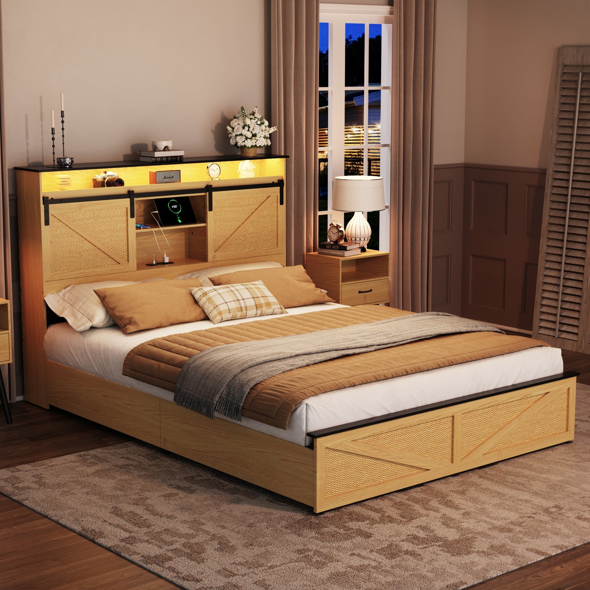 Farmhouse Full Size Bed Frame with Storage Headboard and Drawers,Charging Station & LED Lights,Natural