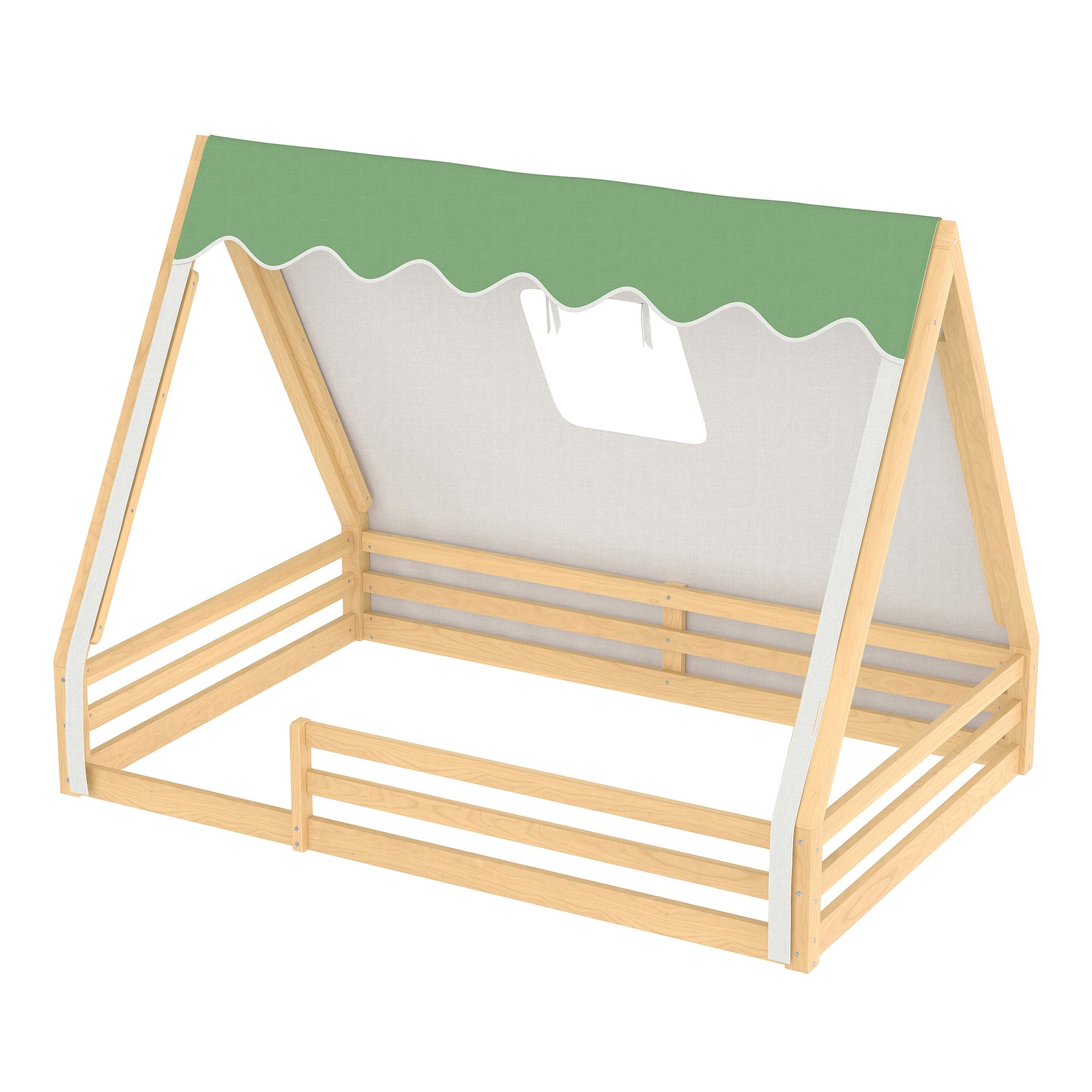 Full Size House Floor Bed with Tent and Light, Solid Wood Teepee Floor Bed with Full-length Guardrails, Montessori and Childlike Design,Natural+Green