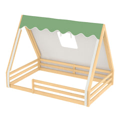 Full Size House Floor Bed with Tent and Light, Solid Wood Teepee Floor Bed with Full-length Guardrails, Montessori and Childlike Design,Natural+Green