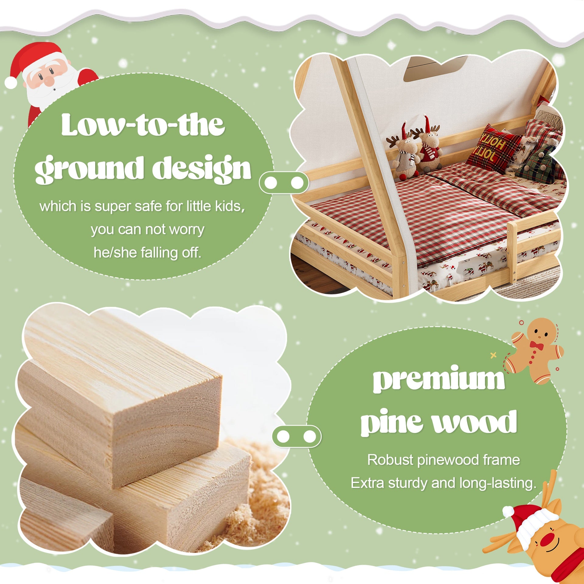 Full Size House Floor Bed with Tent and Light, Solid Wood Teepee Floor Bed with Full-length Guardrails, Montessori and Childlike Design,Natural+Green