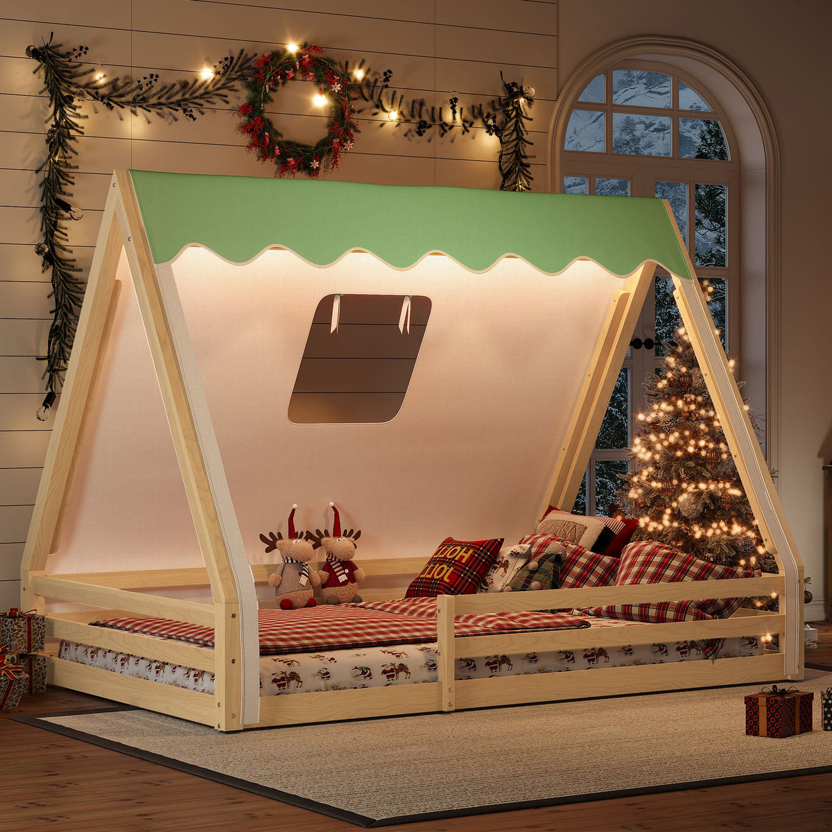 Full Size House Floor Bed with Tent and Light, Solid Wood Teepee Floor Bed with Full-length Guardrails, Montessori and Childlike Design,Natural+Green