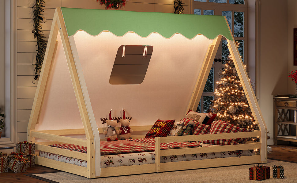 Full Size House Floor Bed with Tent and Light, Solid Wood Teepee Floor Bed with Full-length Guardrails, Montessori and Childlike Design,Natural+Green