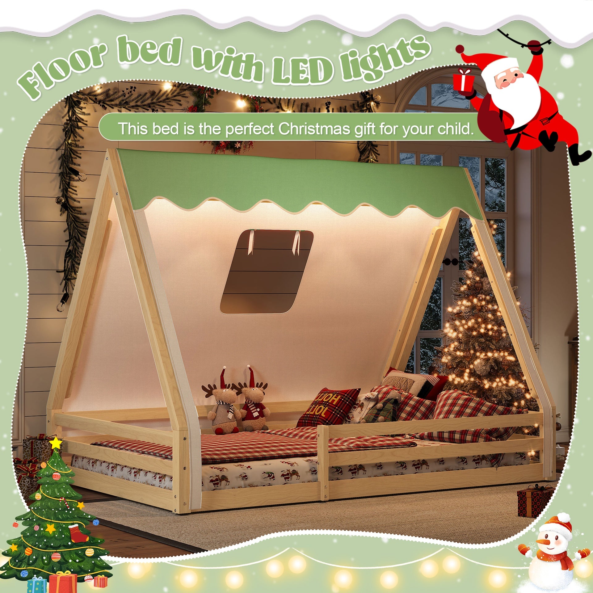 Full Size House Floor Bed with Tent and Light, Solid Wood Teepee Floor Bed with Full-length Guardrails, Montessori and Childlike Design,Natural+Green