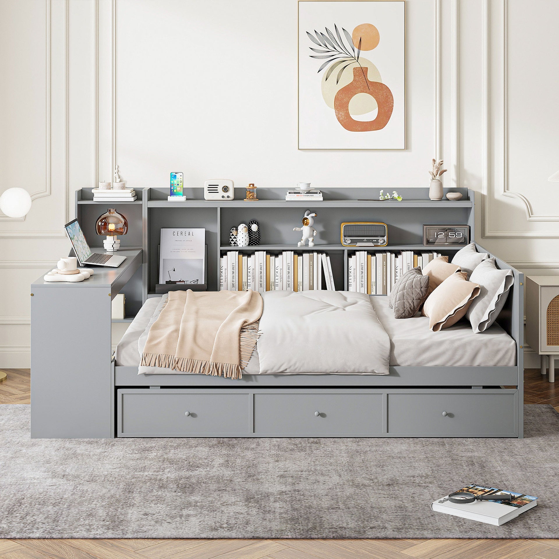 Full Size Wooden Daybed With 3 Drawers, USB Ports and desk , Gray