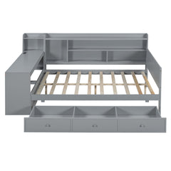 Full Size Wooden Daybed With 3 Drawers, USB Ports and desk , Gray