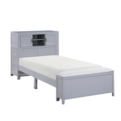 Gray Finish Twin Platform Bed with Bookcase Headboard Drawers Hidden Desk Stool Footboard Storage Bench Bedroom Furniture 1pc
