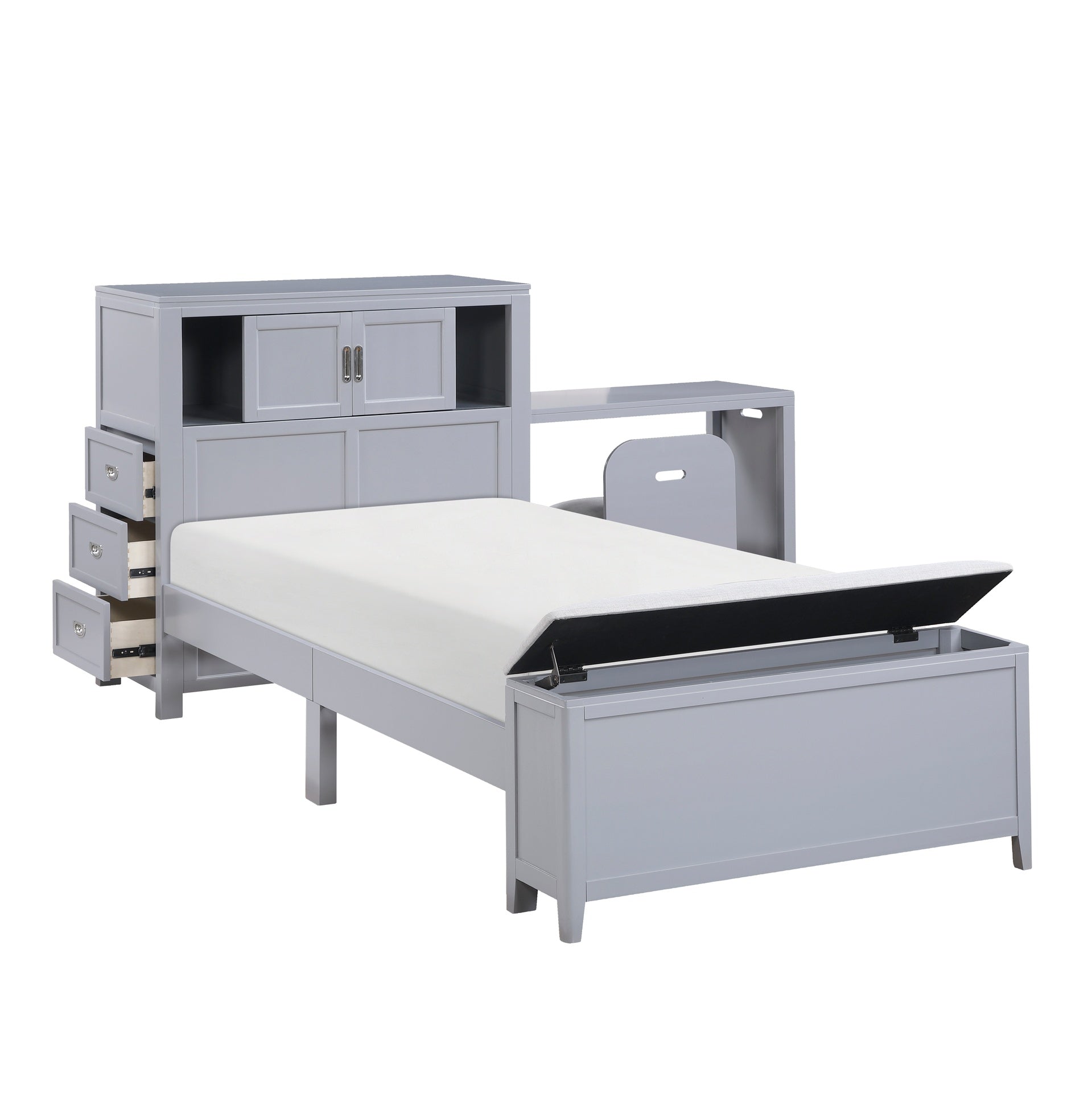 Gray Finish Twin Platform Bed with Bookcase Headboard Drawers Hidden Desk Stool Footboard Storage Bench Bedroom Furniture 1pc