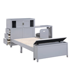 Gray Finish Twin Platform Bed with Bookcase Headboard Drawers Hidden Desk Stool Footboard Storage Bench Bedroom Furniture 1pc
