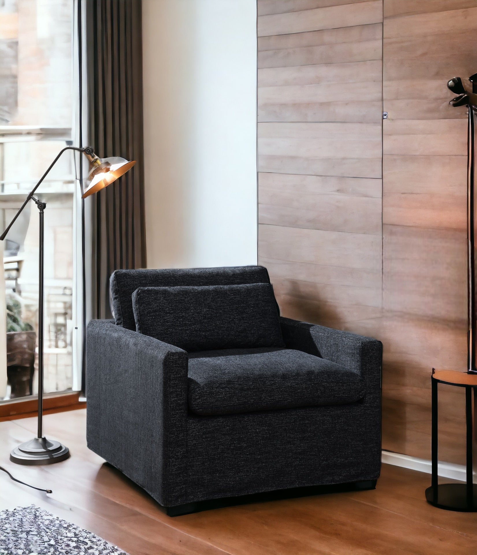 Naveen Dark Gray Fabric Swivel Chair with 1 Toss Pillow
