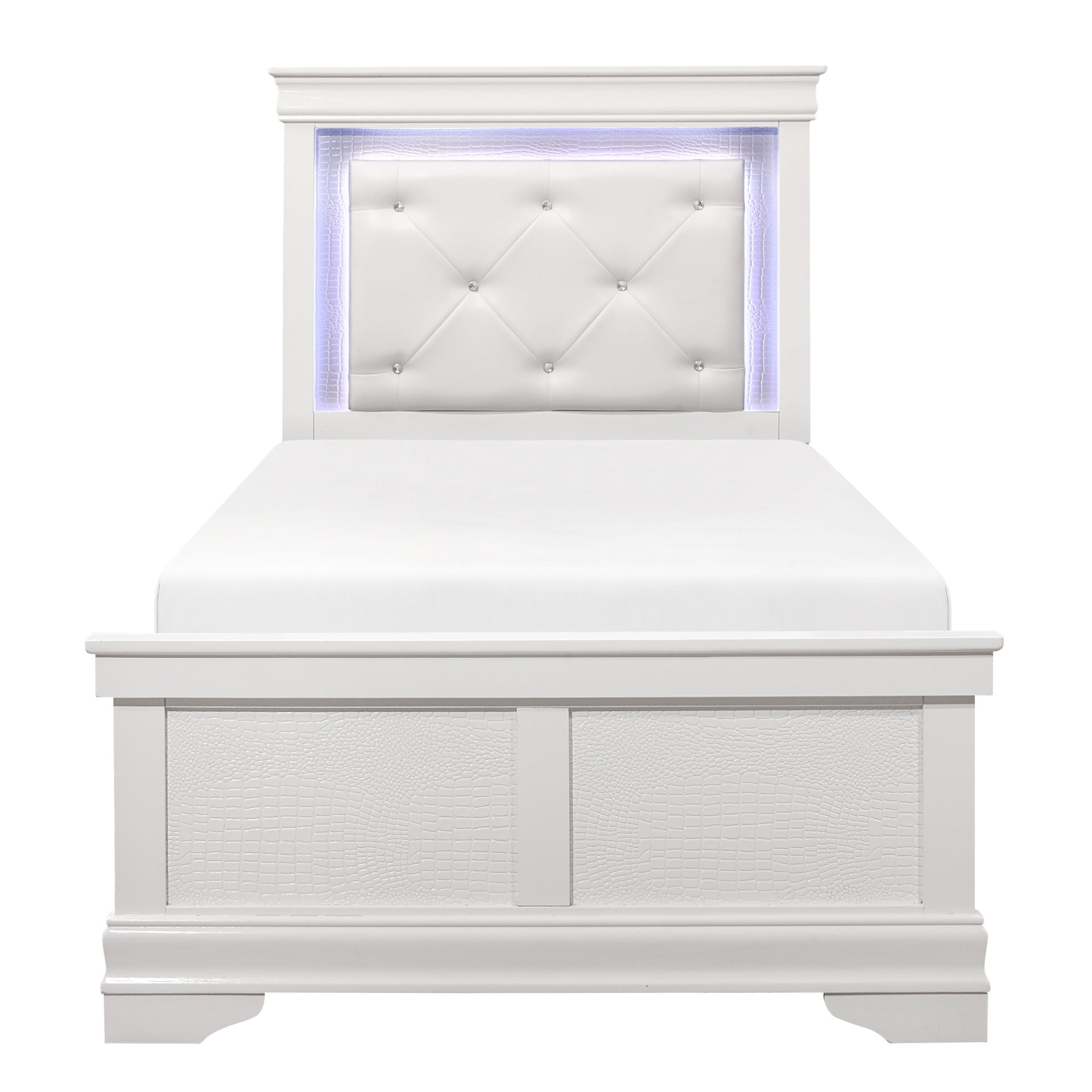 Glam White Finish 1pc Twin Size Bed Upholstered LED Headboard Button-Tufted Alligator Texture Panels Traditional Design Bedroom Furniture