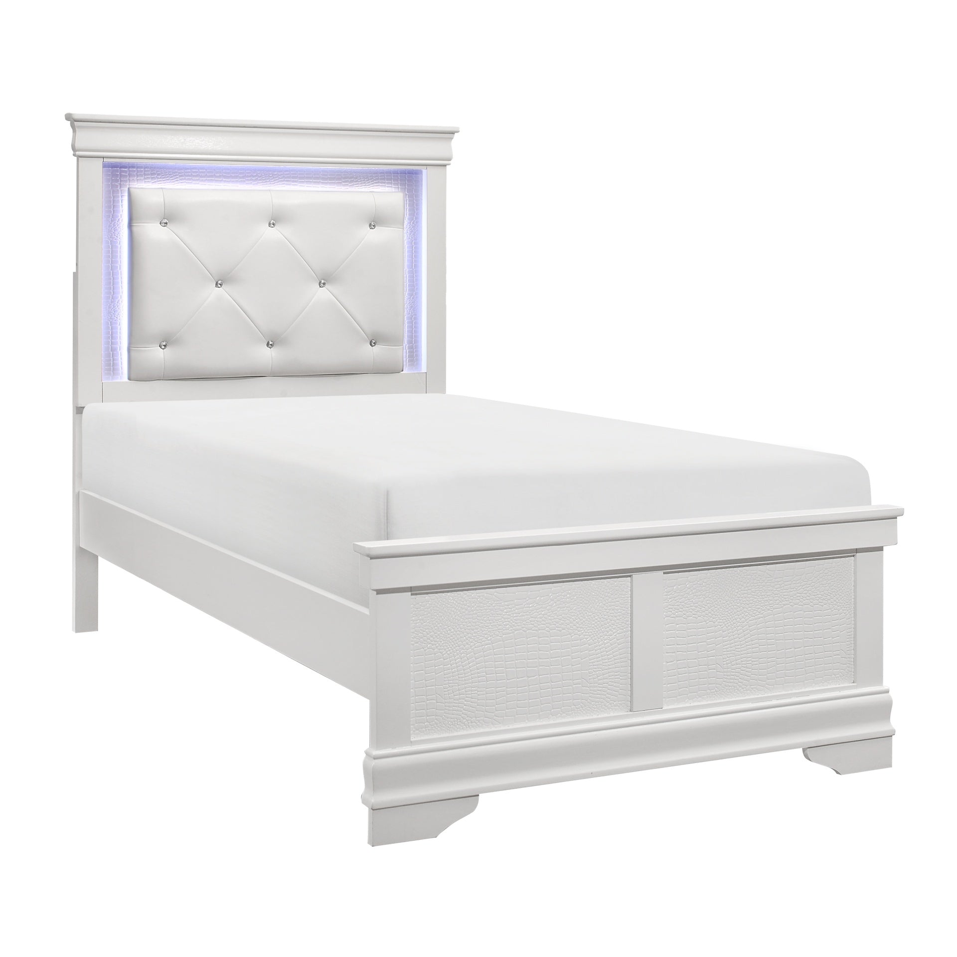 Glam White Finish 1pc Twin Size Bed Upholstered LED Headboard Button-Tufted Alligator Texture Panels Traditional Design Bedroom Furniture