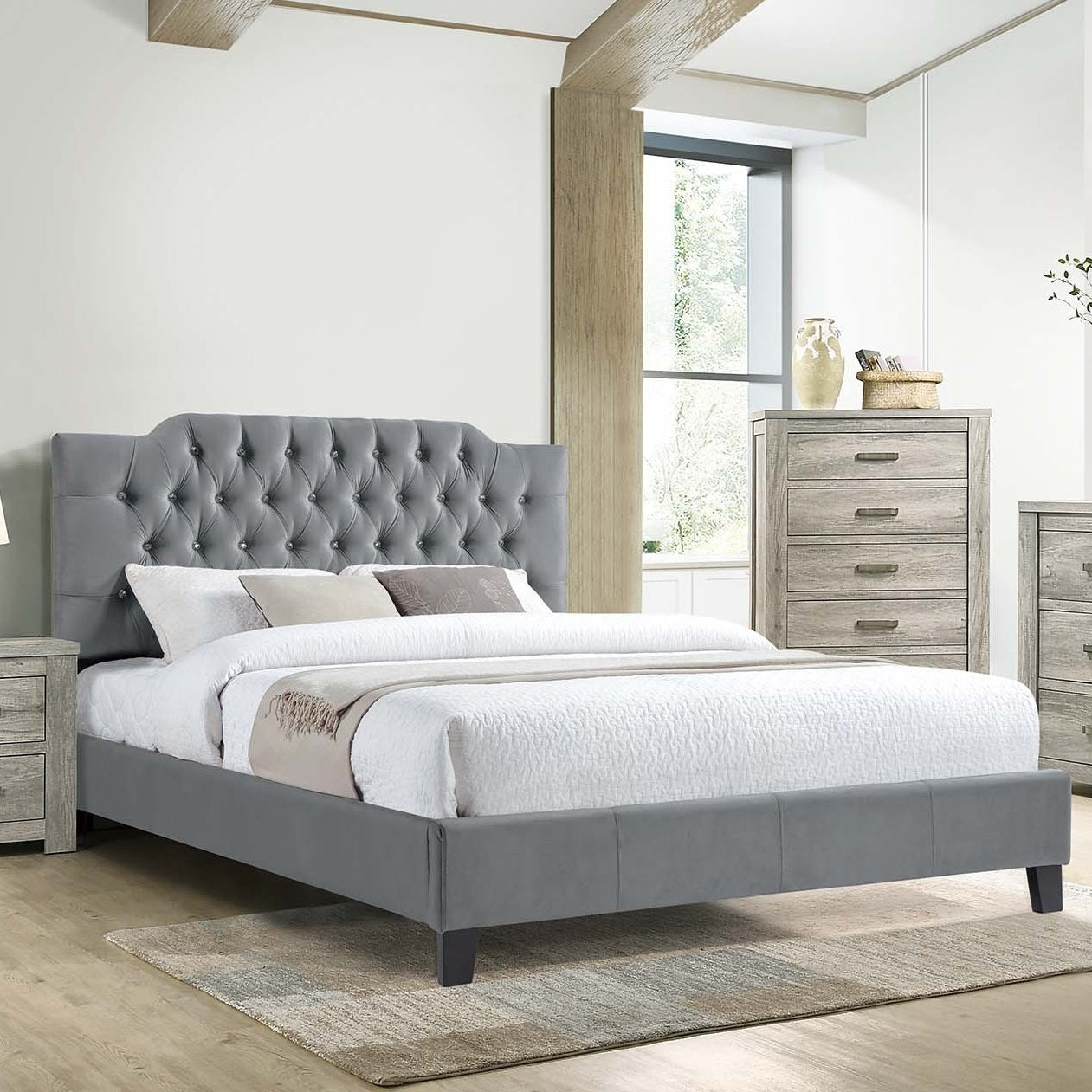 Gorgeous Gray Velvet Full Size Bed 1pc Bedframe Modern Tufted Upholstered Headboard Bedroom Furniture