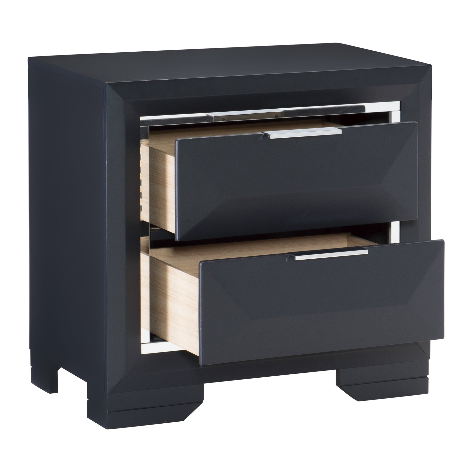Modern Bedroom Nightstand of Two Drawers Beveled Acrylic Trim Wooden Furniture 1pc, Midnight Blue Finish