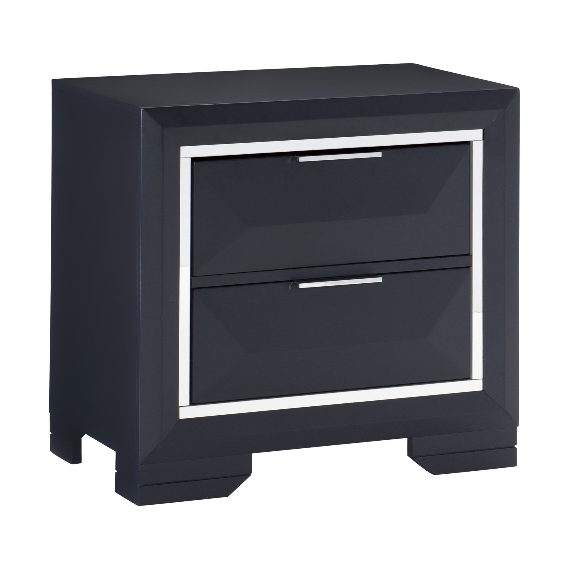 Modern Bedroom Nightstand of Two Drawers Beveled Acrylic Trim Wooden Furniture 1pc, Midnight Blue Finish
